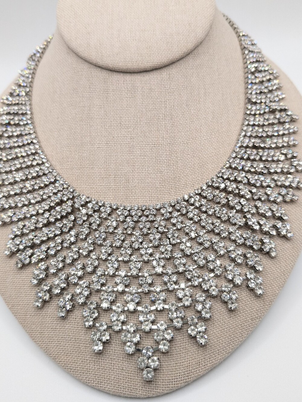 Sparkling Rhinestone Statement Bib Necklace | Adjustable 15–17" | Silver Tone